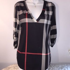 Plaid Tunic Plunging Neck Top Size S